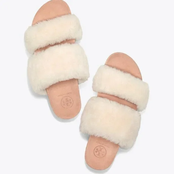 Gently Used Tory Burch Fur slippers Beige sz 9 Sheldon Shearling Two Band Slide - Picture 2 of 14